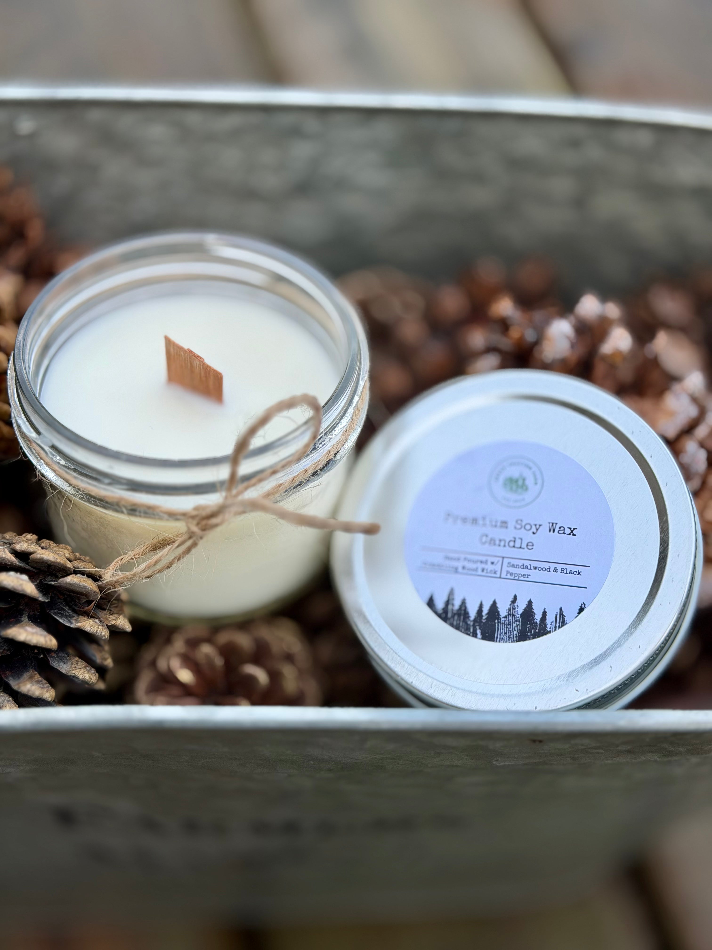 8 oz Premium Soy Wax Candle with Crackling Wood Wick - Sandalwood & Black Pepper