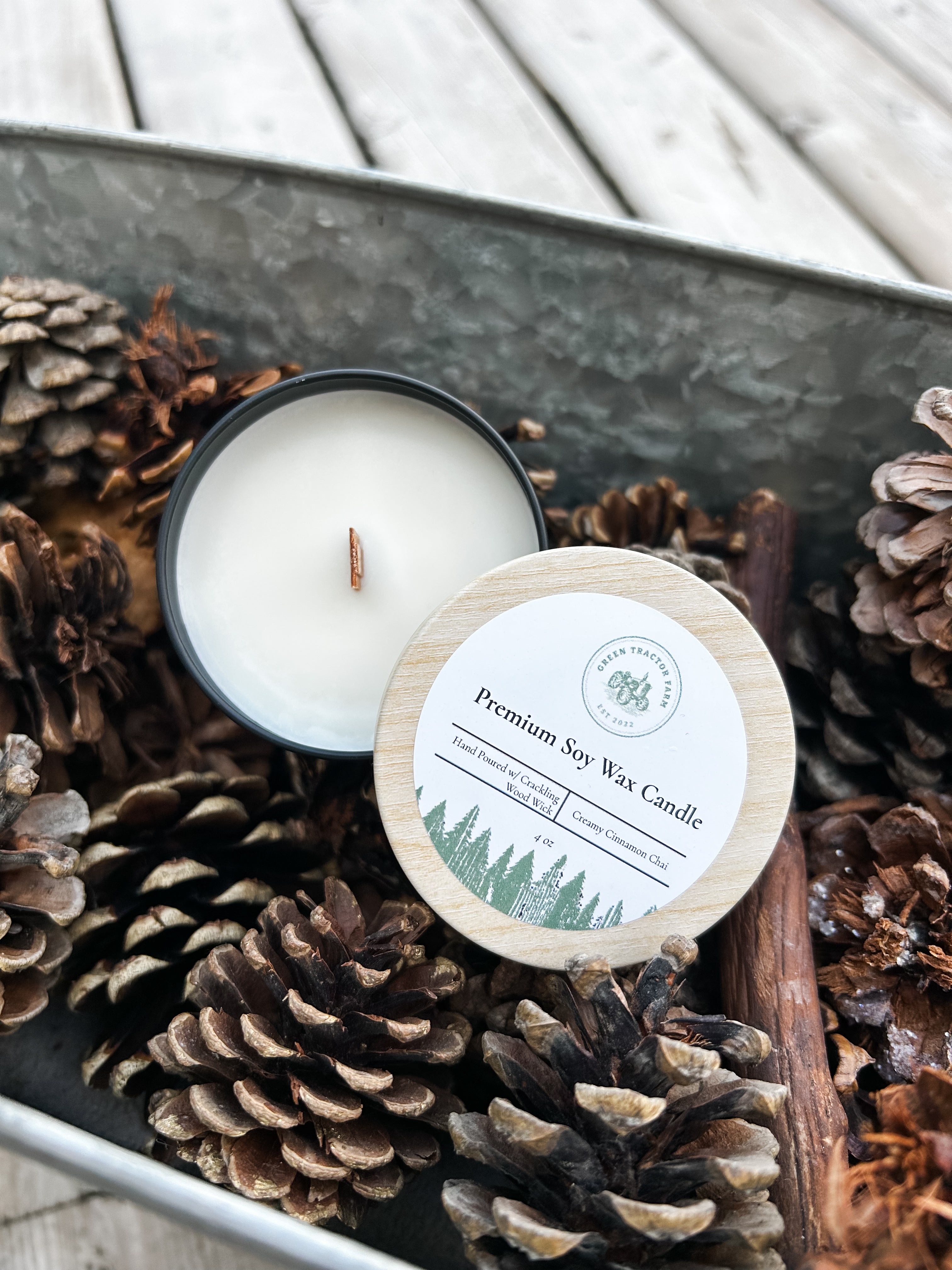 4 oz Premium Soy Wax Candle with Crackling Wood Wick - Creamy Cinnamon Chai